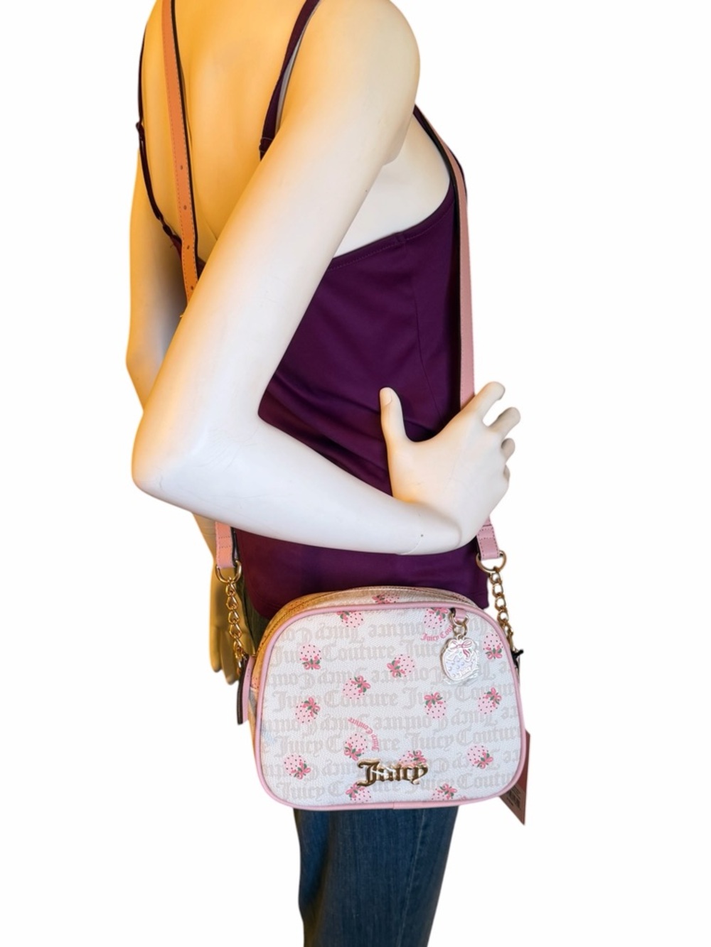 NWT Juicy Couture Berry Sweet Camera Bag Crossbody White Crystal Strawberry - Picture 2 of 8